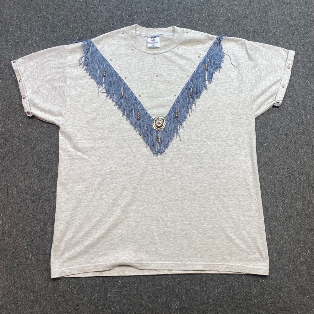 Jerzees TShirt Sz XL Womens Gray Western Boho Blue Fringe Concho Studded 90s USA